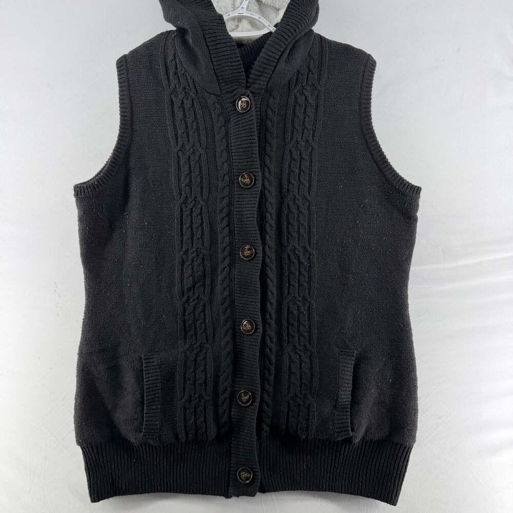 1609 Unbranded Black Cable Knit Hooded Fleece Lined Sweater Vest 2XL